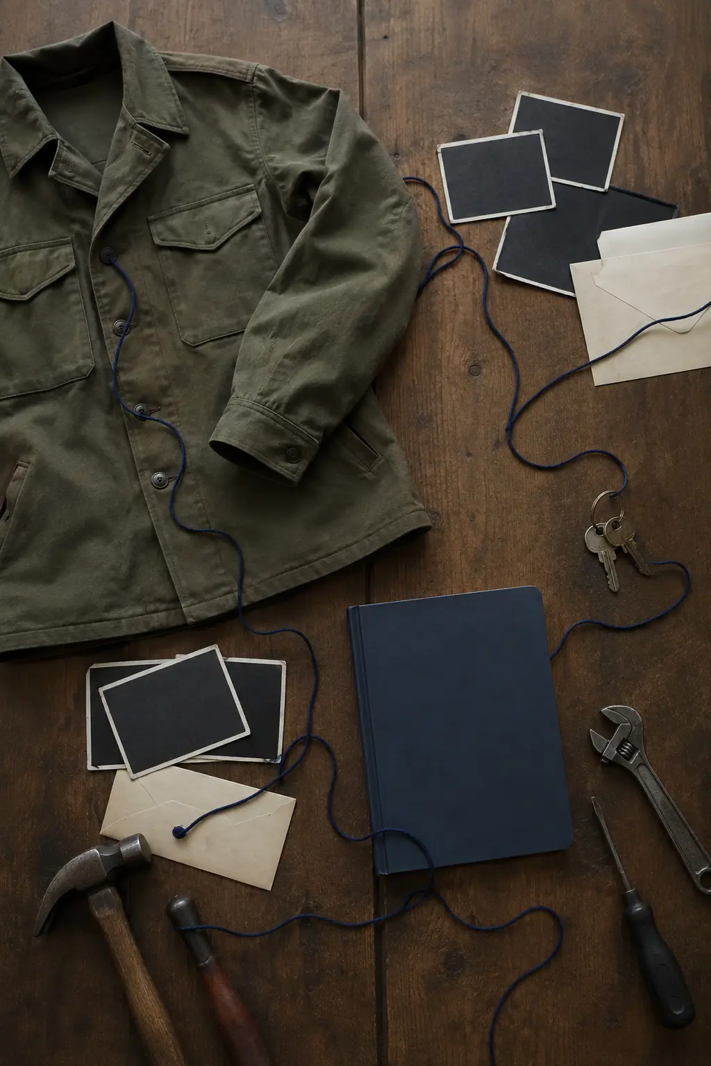 An overhead editorial arrangement of a plain field jacket, face-down photographs, house keys, trade tools, and a blank notebook connected by navy thread