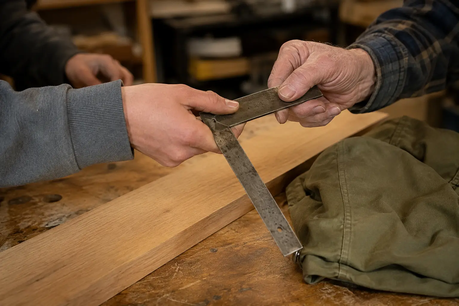 Two adults from different generations passing a worn measuring square across a community workshop bench